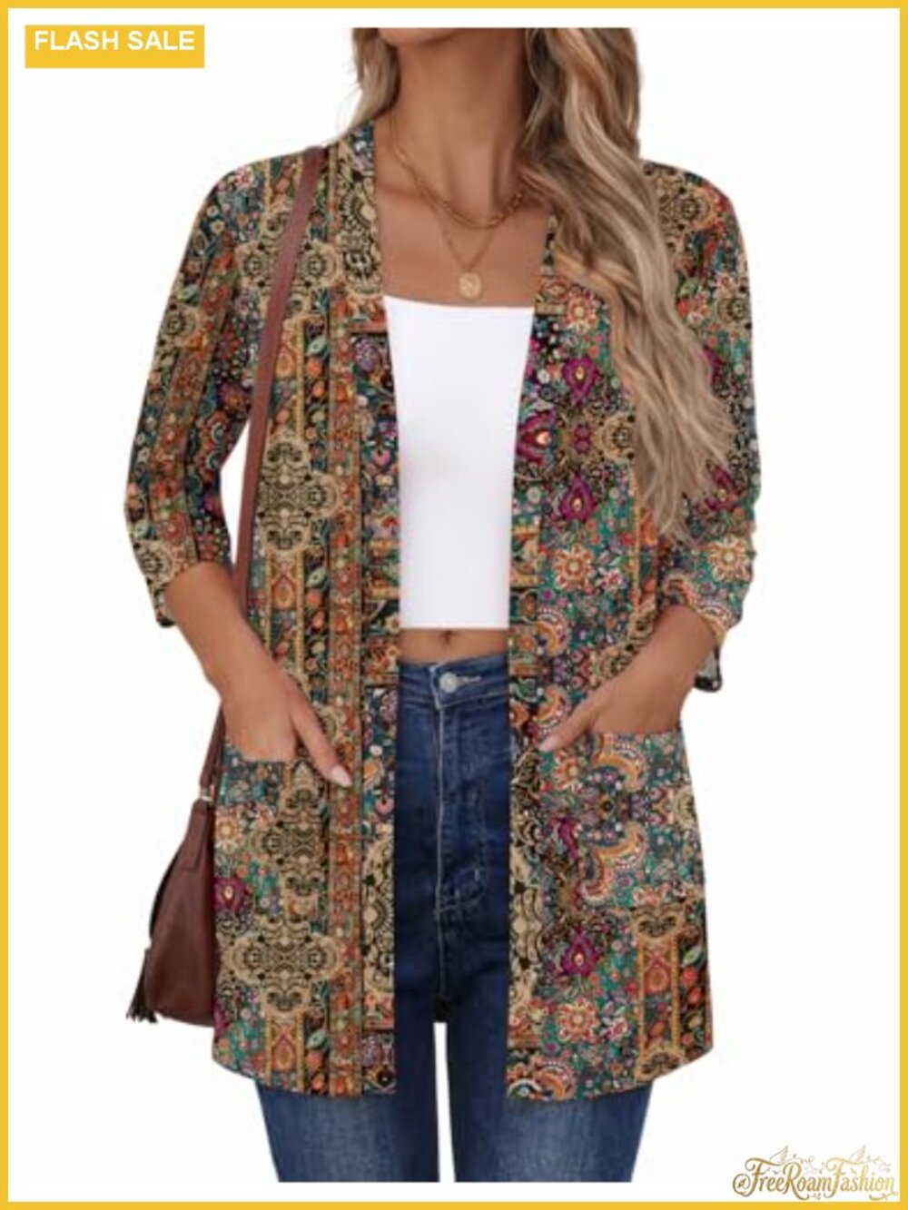 Lightweight Open Front Cardigan 3/4 Sleeve V-Neck Loose Fit